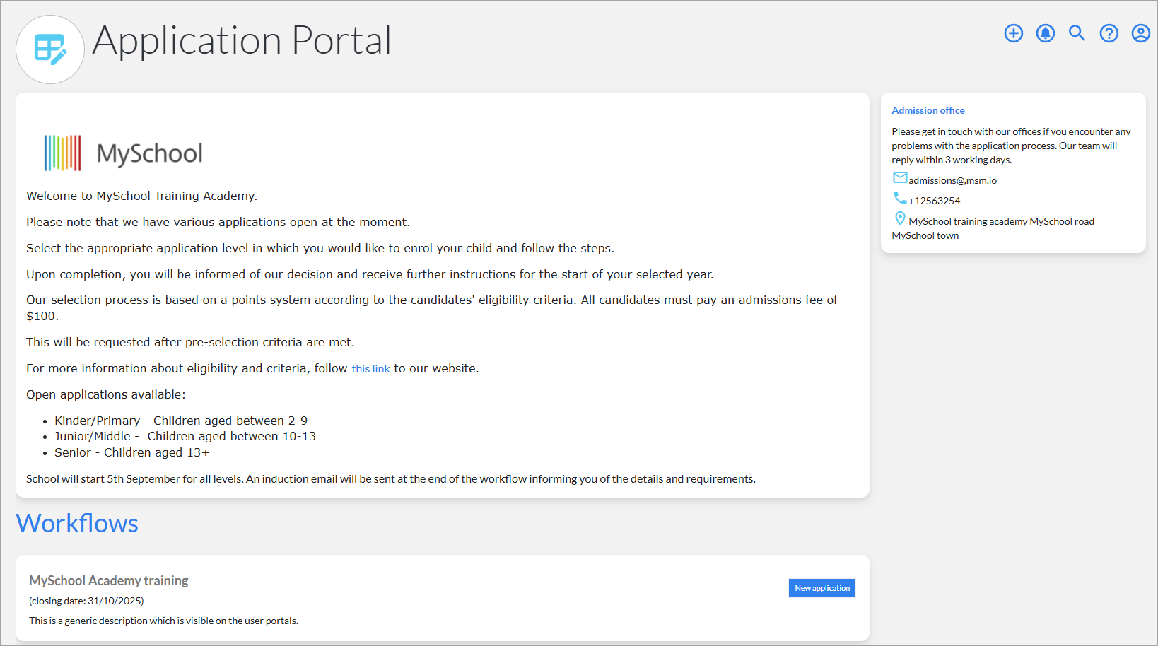 Admissions - Build your application landing page – MySchool Support