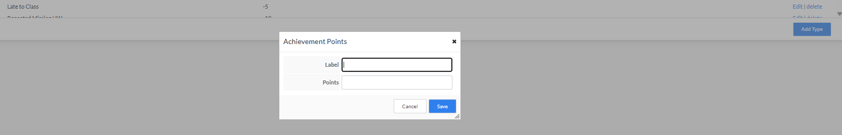 The Achievement Points window, opened from the Add Type button