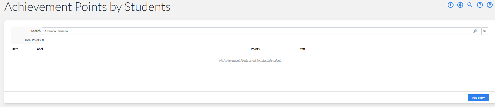 The Achievement Points by Students page for a single student