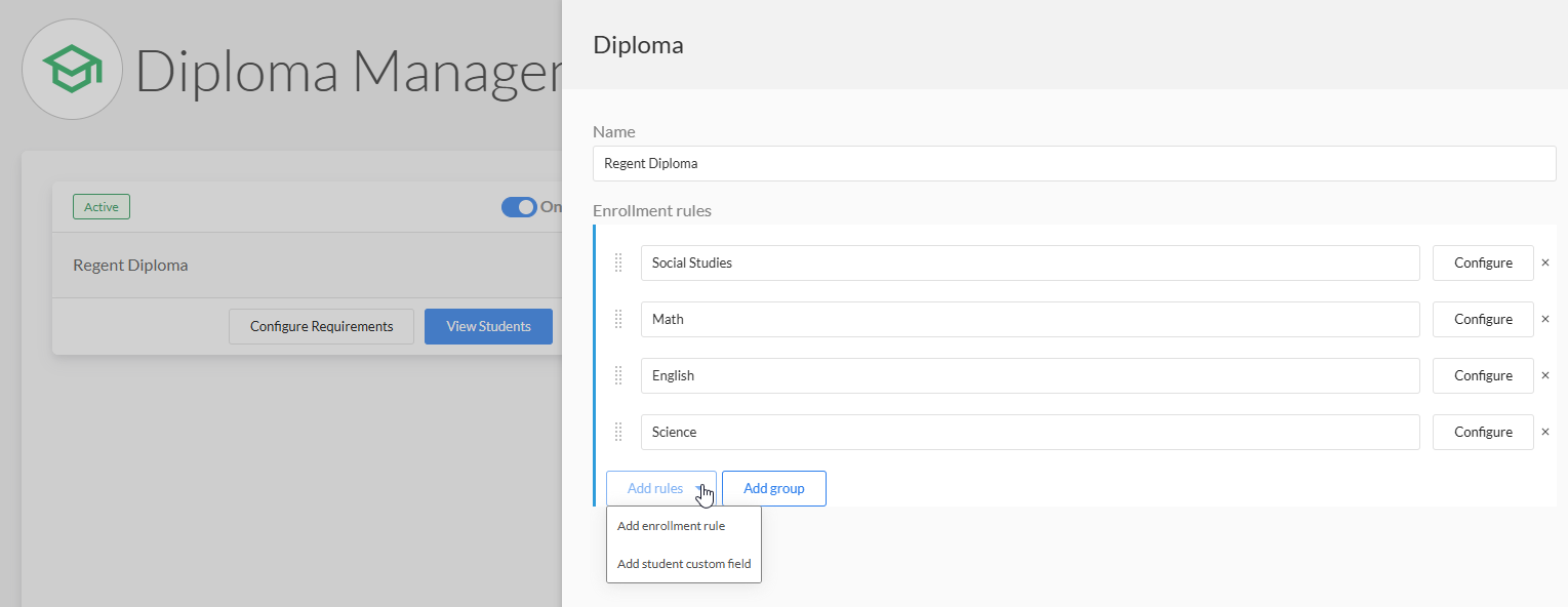 Diploma panel showing enrollment rules and the Add rules menu