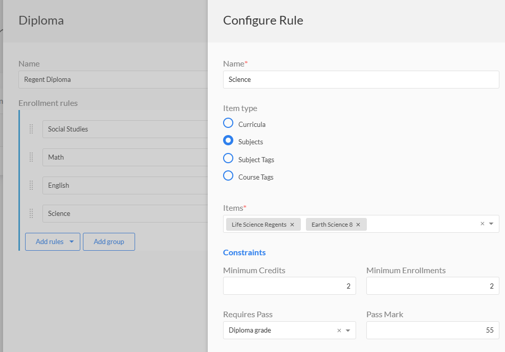 Configure Rule panel